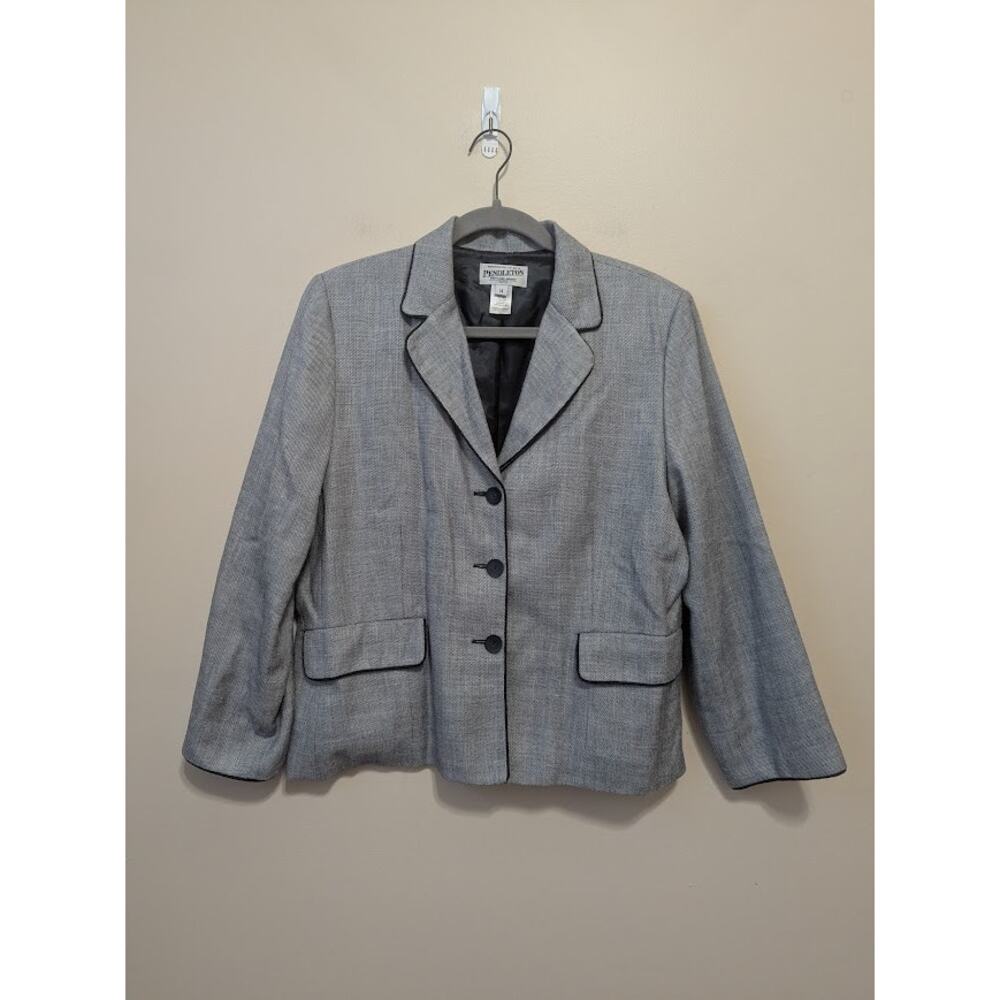 Pendleton Gray and with Navy Blue Lined Womens Blazer Jacket Size 14 wool blend